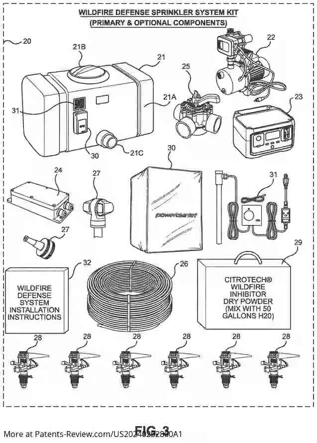 Drawing 04 for WILDFIRE DEFENSE SPRAYING PROCESS FOR AUTOMATICALLY SPRAYING ENVIRONMENTALLY-CLEAN WATER-BASED LIQUID FIRE INHIBITOR OVER COMBUSTIBLE PROPERTY SURFACES TO FORM THIN FIRE-INHIBITING POTASSIUM SALT CRYSTALLINE COATINGS THEREON BEFORE PRESENCE OF WILDFIRE