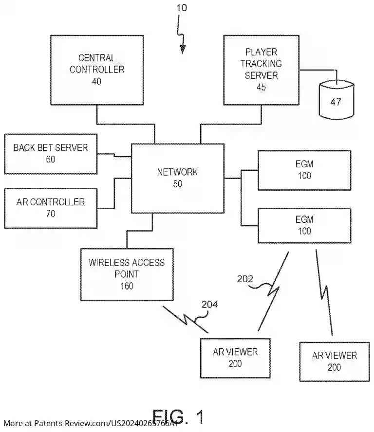 Drawing 02 for AUGMENTED REALITY SYSTEMS AND METHODS FOR PROVIDING A WAGERING GAME HAVING REAL-WORLD AND VIRTUAL ELEMENTS